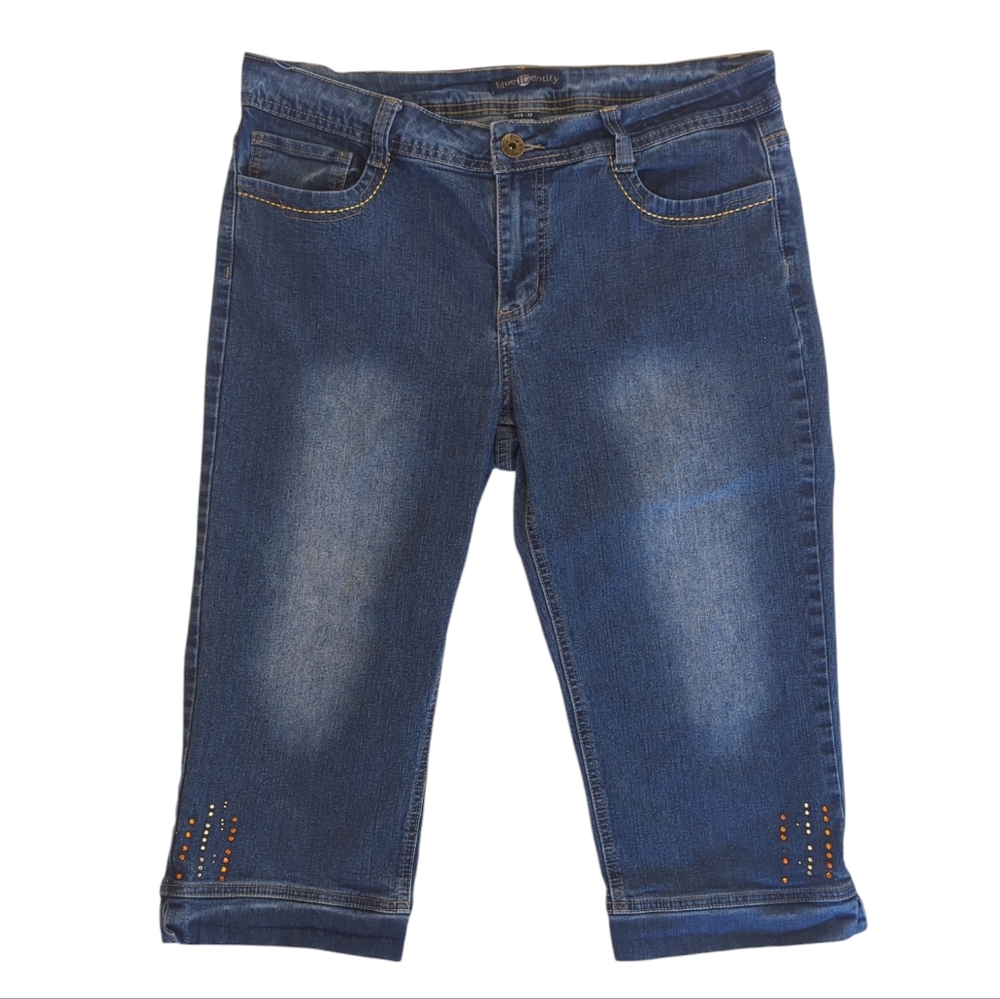 Blue Identity Distressed Embellished Sequin Denim Capri Jeans 12 Blue Pockets
